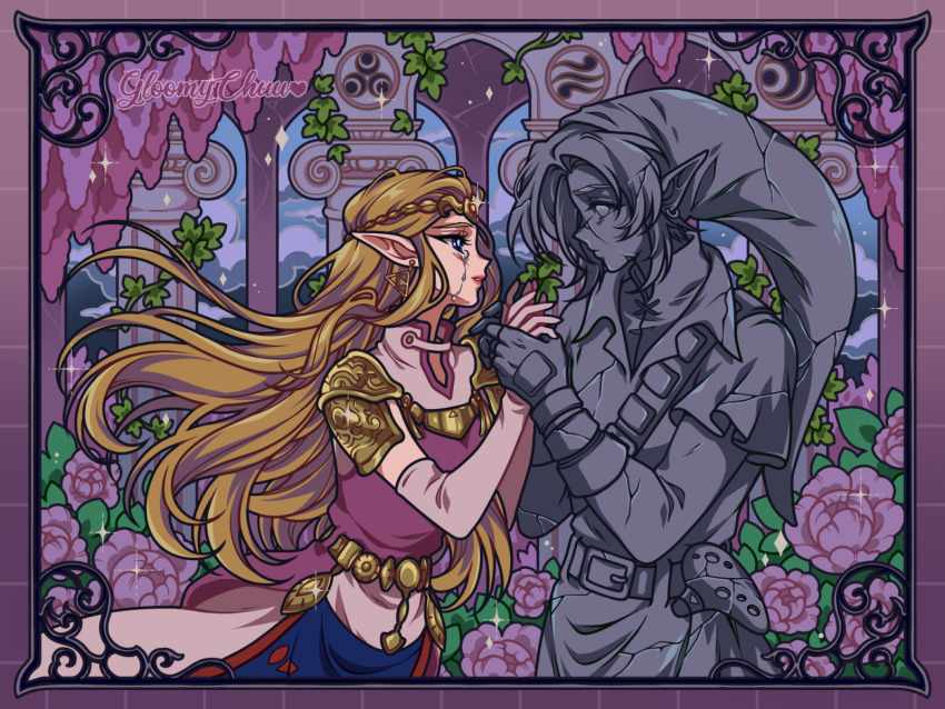 1boy 1girl armor artist_name belt blonde_hair blush closed_mouth column crying day dress ear_piercing earrings from_side gloves hands_up hat highres holding_hands instrument jewelry link lips long_hair looking_at_another mroczniak_(gloomy_chuu) nintendo ocarina outdoors parted_lips petrification phrygian_cap piercing pillar pink_dress pointy_ears princess_zelda shoulder_armor smile tears the_legend_of_zelda the_legend_of_zelda:_ocarina_of_time triforce tunic very_long_hair