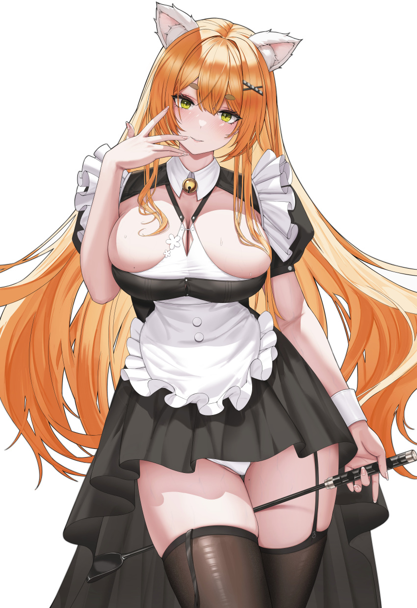 1girl absurdres ailurus animal_ear_fluff apron bell between_thighs black_dress black_thighhighs blush breasts chinese_commentary cleavage cleavage_cutout clothing_cutout collared_dress commentary_request dress frilled_apron frilled_dress frills garter_straps glitter green_eyes groin hair_between_eyes hair_ornament hand_up head_tilt highres holding holding_riding_crop jingle_bell large_breasts long_hair looking_at_viewer maid maid_apron mole mole_on_breast mole_on_thigh orange_hair panties parted_lips riding_crop sidelocks simple_background single_wrist_cuff smile solo strap_slip sweat thighhighs thighs underwear very_long_hair virtual_dimension_project virtual_youtuber white_apron white_background white_panties white_wrist_cuffs wrist_cuffs x_hair_ornament yuhui_ranjin