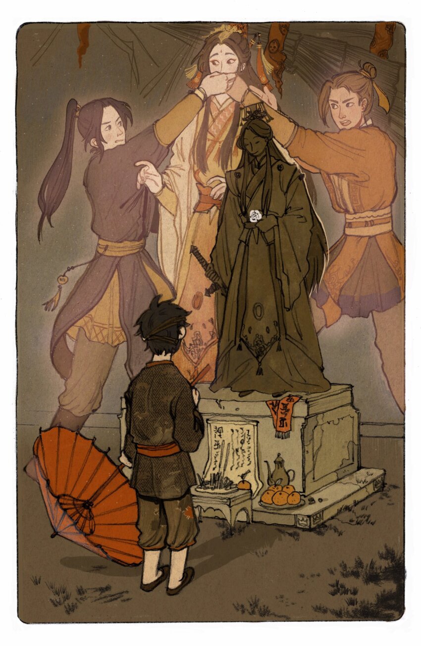 4boys bandaged_head bandages black_hair border brown_eyes brown_hair brown_hanfu brown_pants brown_tunic child chinese_clothes closed_mouth commentary covering_another&#039;s_mouth english_commentary feng_xin flower food fruit hair_bun hair_ornament hand_over_another&#039;s_mouth hanfu highres holding holding_umbrella hua_cheng indoors long_hair long_sleeves looking_at_another male_focus mu_qing_(tianguan_cifu) multiple_boys official_art oil-paper_umbrella open_mouth orange_(fruit) pants parted_bangs ponytail red_trim red_umbrella ribbon rounded_corners short_hair shrine single_hair_bun statue tianguan_cifu tunic umbrella very_long_hair white_flower wide_sleeves xie_lian xie_lian_(flower_crowned_martial_god) yaroslava_murashko yellow_hanfu