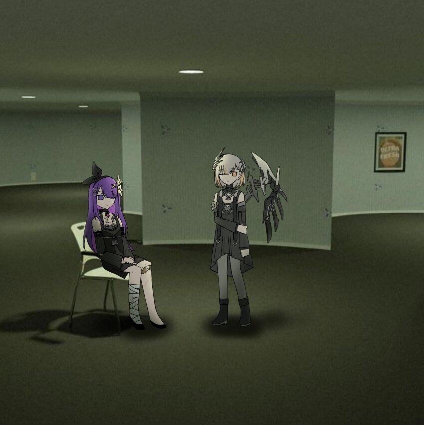 1boy 1girl bandaged_leg bandages black_bow black_choker black_dress black_hairband black_sleeves bow choker cinderelik_(pgr) detached_sleeves dress flower grey_hair hair_bow hair_flower hair_ornament hair_over_one_eye hairband headgear highres joints liminal_space lithos_(pgr) long_sleeves mechabare mechanical_legs mechanical_wings medium_hair multicolored_hair one_eye_closed orange_eyes orange_hair punishing:_gray_raven purple_eyes purple_hair robot_joints single_mechanical_leg single_wing streaked_hair trap tsuuuuuukiiiiii wings
