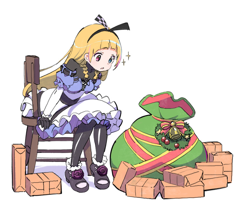 1girl alyce_(dohna_dohna) bell black_bodysuit black_pantyhose blonde_hair blue_dress blue_eyes bodysuit bodysuit_under_clothes box chair christmas dohna_dohna_issho_ni_warui_koto_o_shiyou dress flower full_body gift gift_bag gift_box hairband heterochromia high_heels highres long_hair nnn-ollll pantyhose parted_lips pink_eyes rose sack simple_background sitting solo sparkle two-tone_dress white_background white_dress