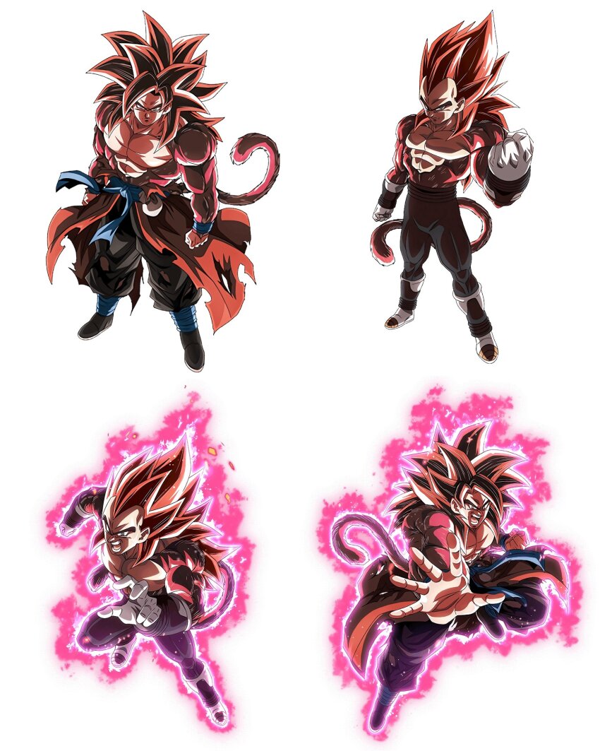 2boys aura energy fighting_stance highres incoming_attack looking_at_viewer multiple_boys muscular muscular_male red_fur red_hair serious son_goku super_dragon_ball_heroes super_full_power_saiyan_4_limit_breaker tagme tail transformation vegeta