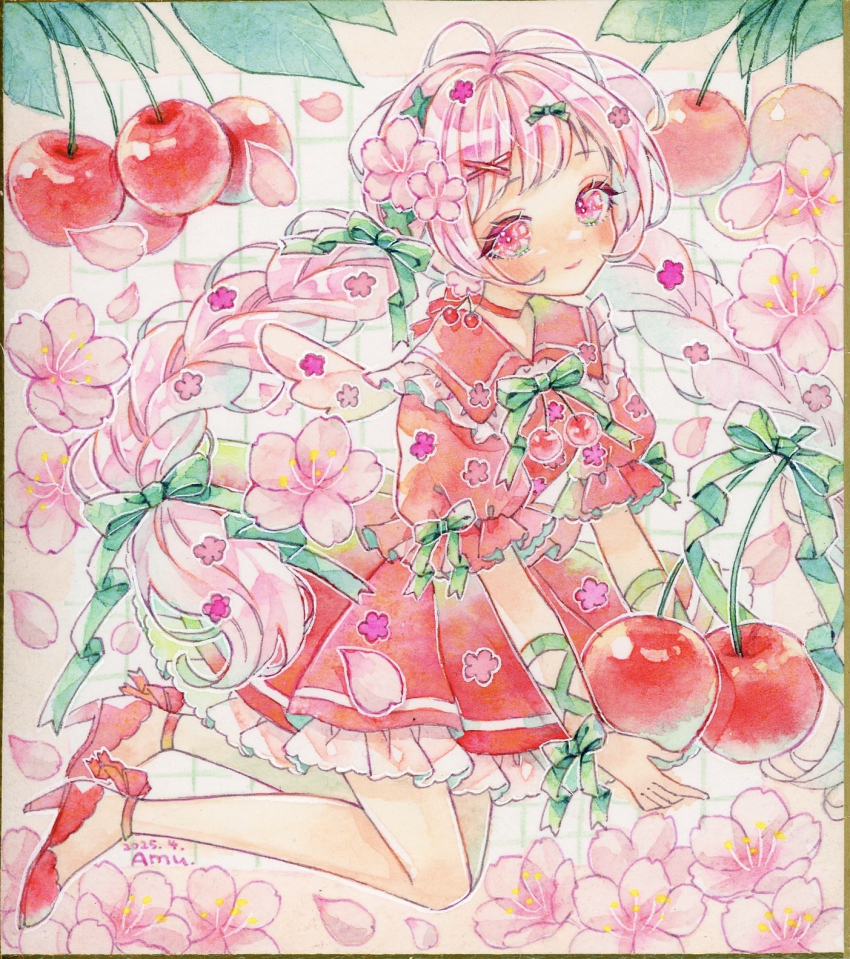 1girl amu_(m_aa) braid cherry cherry_blossoms choker closed_mouth commentary_request dated eyelashes flower food fruit full_body green_ribbon grid_background hair_ornament hair_ribbon hairclip high_heels highres long_hair original painting_(medium) petticoat pink_eyes pink_flower pink_hair pleated_skirt puffy_short_sleeves puffy_sleeves red_choker red_shirt red_shoes red_skirt ribbon ribbon_choker shirt shoes short_sleeves signature skirt skirt_set smile solo tareme traditional_media twin_braids very_long_hair watercolor_(medium)