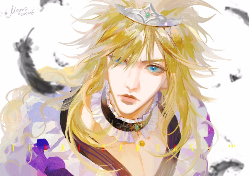 1boy black_choker black_feathers blonde_hair blue_eyes choker cloud_strife cloud_strife_(ball_gown) commentary crossdressing crossdressing_(mtf) dated dress english_commentary feathers final_fantasy final_fantasy_vii final_fantasy_vii_remake frilled_choker frilled_dress frills frown furrowed_brow highres jewelry light_frown long_hair male_focus moyna purple_dress signature simple_background solo sparkle tiara upper_body white_background