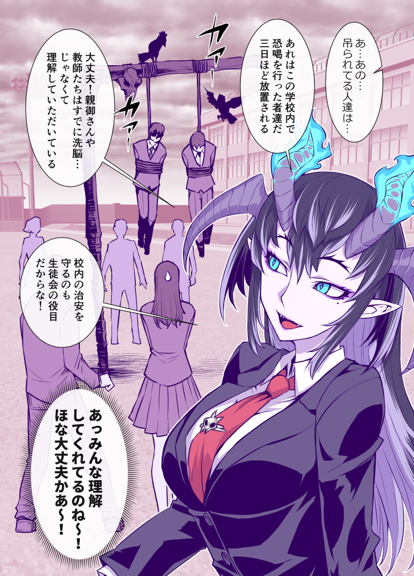 1girl absurdres bird black_hair black_jacket blazer blue_eyes breasts collared_shirt commentary crossed_arms crow demon_girl demon_horns fangs fingernails gallows hellfire highres horns jacket large_breasts long_fingernails long_hair long_sleeves looking_at_viewer necktie open_mouth original pleated_skirt pointy_ears red_necktie restrained school school_uniform shirt skirt solo tatsubon translated white_shirt