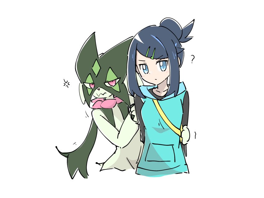 01koooiocha17 1girl ? anger_vein arms_behind_back black_hair black_shirt blue_eyes blue_hoodie closed_mouth gen_9_pokemon hair_bun hair_ornament hairclip highres hood hood_down hoodie liko_(pokemon) looking_at_viewer meowscarada nintendo pokemon pokemon_(anime) pokemon_(creature) pokemon_horizons shirt short_hair sleeveless sleeveless_hoodie white_background