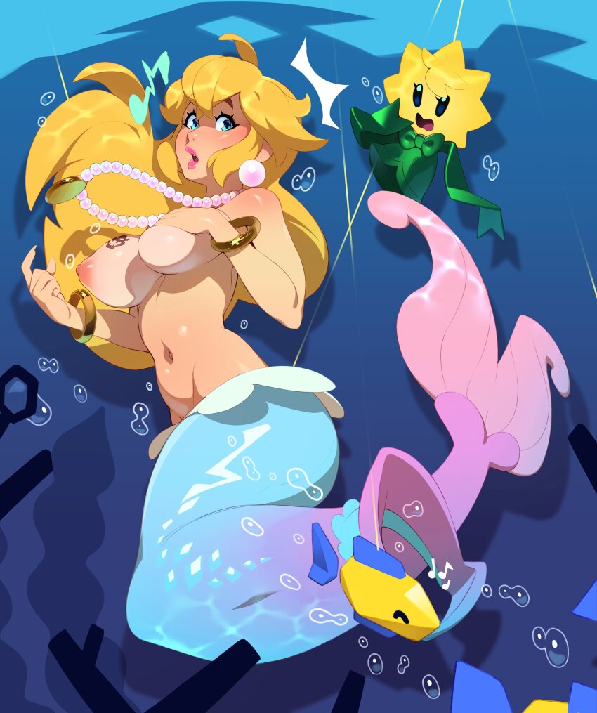 1girl absurdres blonde_hair blue_eyes blush bowser_tattoo bracelet breast_tattoo breasts combos_&amp;_doodles earrings gold_bracelet highres jewelry large_breasts long_hair mario_(series) mermaid mermaid_peach monster_girl navel nintendo nipples open_mouth princess_peach princess_peach:_showtime! stella_(peach) tattoo topless_female
