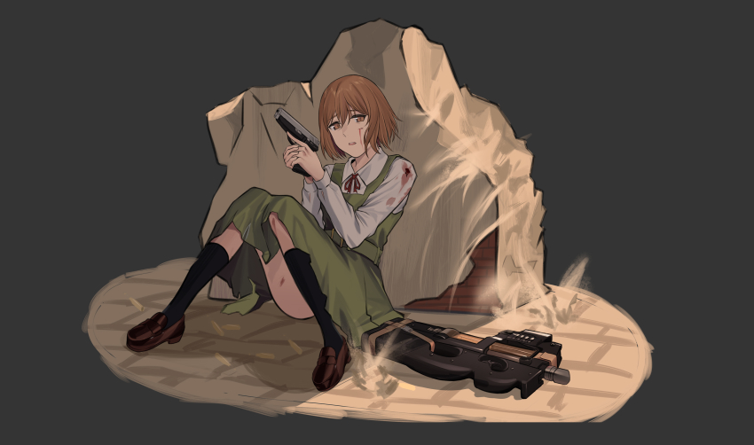 1girl ammunition bad_tag black_shoes black_socks blood blood_on_clothes blood_on_face brown_eyes brown_hair bullet bullpup crossover damaged dress elinnasky fn_5.7x28mm full_body girls&#039;_frontline green_dress grey_background gun gunslinger_girl handgun handgun_cartridge henrietta_(gunslinger_girl) high-capacity_magazine highres holding holding_gun holding_weapon horizontal_magazine long_sleeves looking_away military_cartridge neck_ribbon on_floor open_mouth p90 pdw_cartridge personal_defense_weapon pistol_cartridge red_ribbon ribbon see-through_clothes shirt shoes short_hair simple_background socks solo submachine_gun teeth upper_teeth_only weapon white_shirt