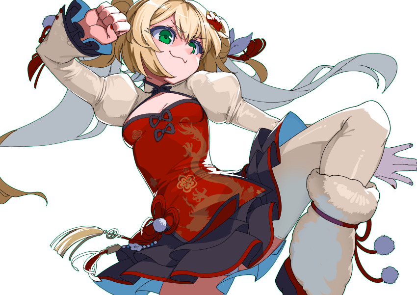 1girl :3 absurdres blonde_hair breasts china_dress chinese_clothes cropped_jacket dokibird_(vtuber) dress fighting_stance fur_leg_warmers green_eyes highres indie_virtual_youtuber juliet_sleeves leg_warmers long_hair long_sleeves panties pantyshot pom_pom_(clothes) puffy_sleeves red_dress riza23 small_breasts smile solo transparent_background twintails underwear upskirt virtual_youtuber white_panties yaopei