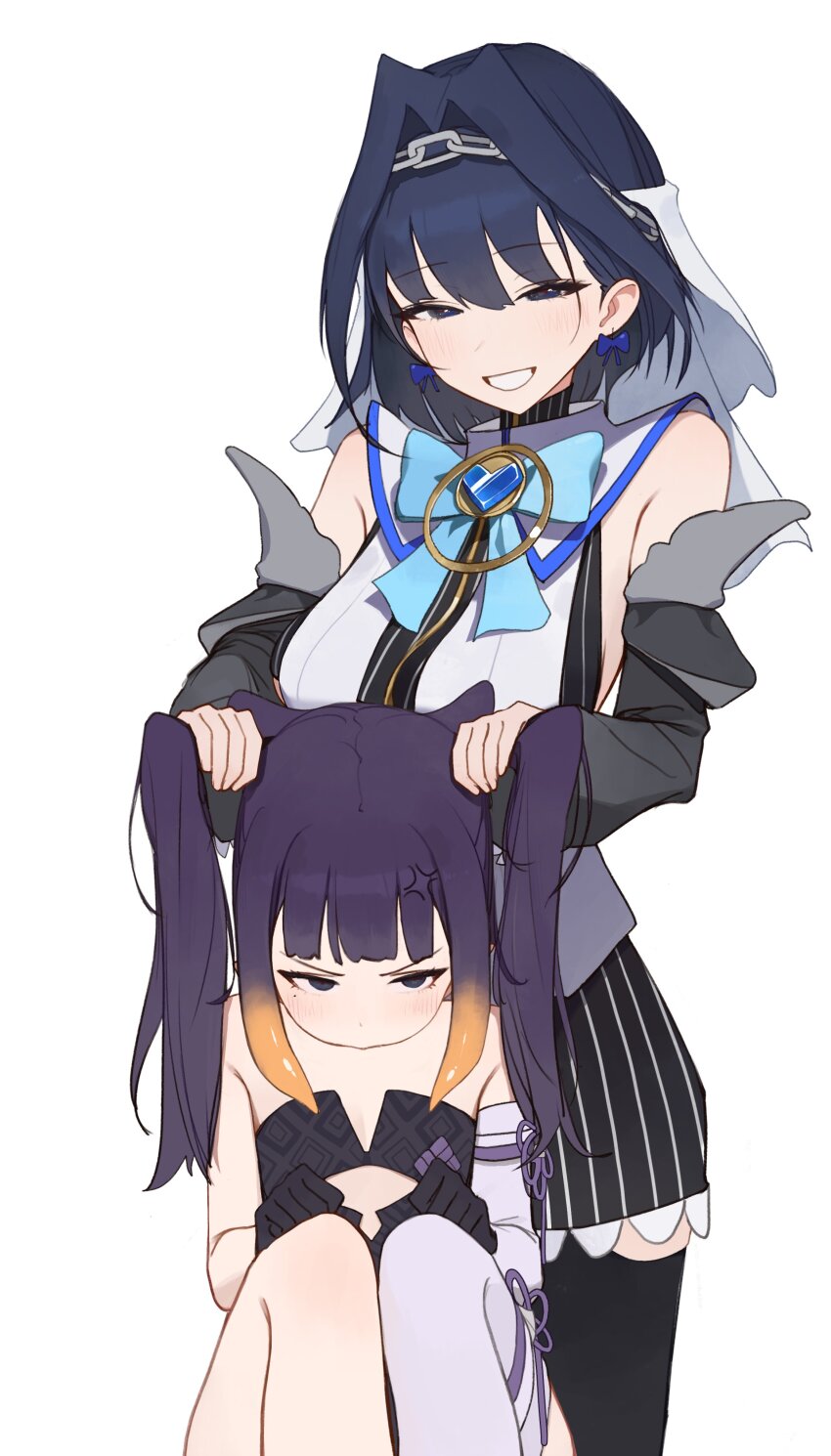 2girls absurdres anger_vein asymmetrical_legwear black_dress black_gloves black_skirt blue_gemstone blue_hair blue_ribbon brooch detached_sleeves dress gem gloves grin hair_intakes head_chain heart heart_brooch highres hololive hololive_english jewelry long_hair looking_at_another multiple_girls ninomae_ina&#039;nis ninomae_ina&#039;nis_(1st_costume) ouro_kronii ouro_kronii_(1st_costume) pinstripe_pattern pinstripe_shirt pinstripe_skirt playing_with_another&#039;s_hair pout puffy_cheeks purple_hair ribbon sailor_collar seuhu shirt short_hair simple_background single_sleeve single_thighhigh sitting skirt smile tentacle_hair thighhighs twintails v-shaped_eyebrows virtual_youtuber white_background white_sailor_collar