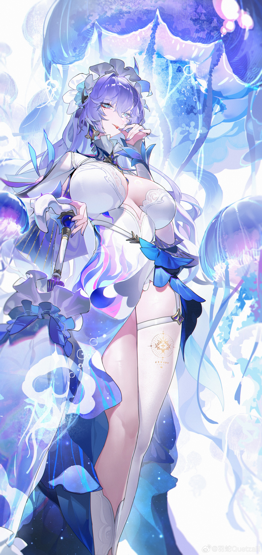 1girl :p absurdres blue_eyes blue_flower breasts cantarella_(wuthering_waves) chinese_commentary chromatic_aberration closed_umbrella commentary_request cowboy_shot dress earrings facial_mark flower hair_between_eyes hair_flower hair_ornament headdress highres holding holding_umbrella jellyfish jewelry large_breasts long_hair looking_at_viewer mark_under_eye mole mole_under_eye nail_polish purple_hair purple_nails purple_umbrella single_thighhigh skindentation solo tacet_mark_(wuthering_waves) thighhighs thighs tongue tongue_out umbrella very_long_hair watermark weibo_watermark white_dress white_thighhighs wuthering_waves yushe_quetzalli
