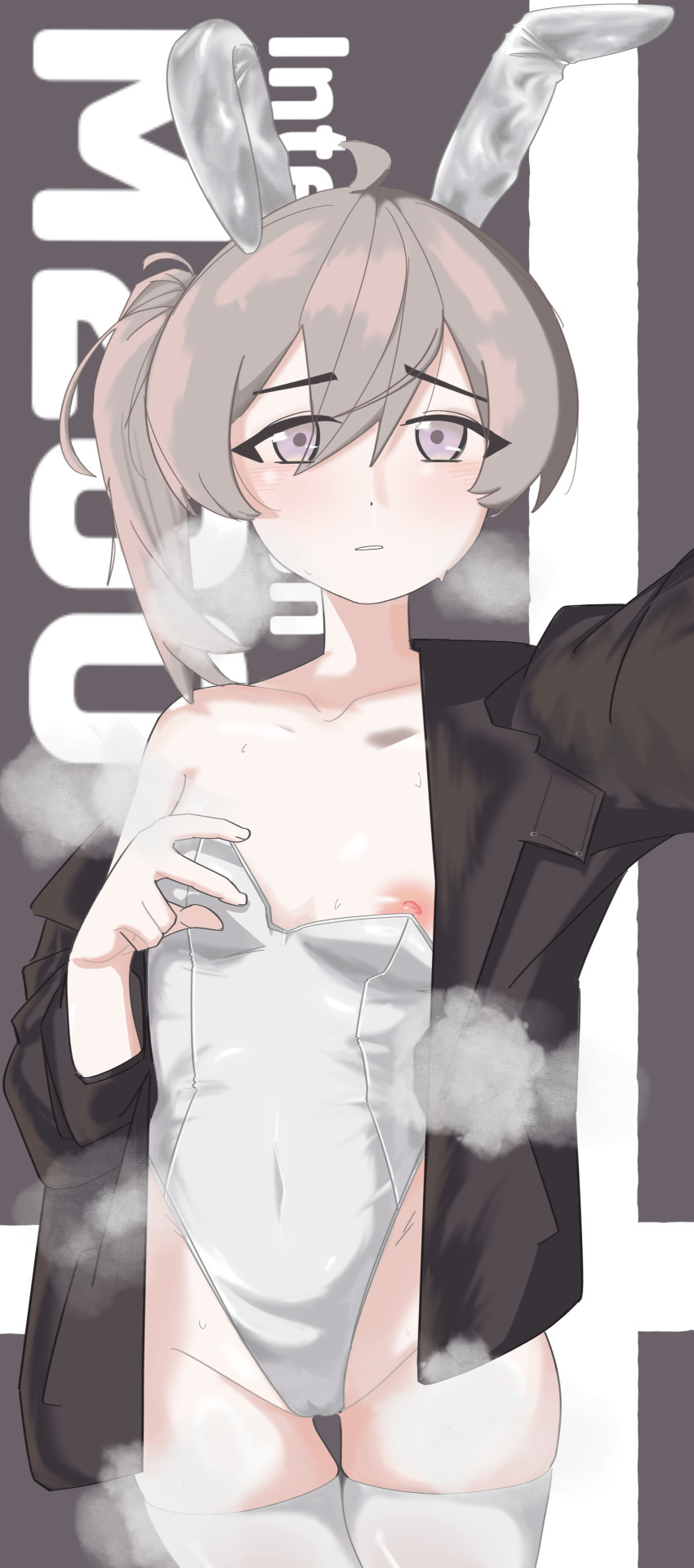 1girl absurdres alternate_costume animal_ears blush breasts brown_background brown_hair brown_jacket camel character_name chouyan_de_furong_wang collarbone commentary fake_animal_ears girls&#039;_frontline highres jacket leotard leotard_peel looking_at_viewer m200_(girls&#039;_frontline) nipples open_clothes open_jacket parted_lips playboy_bunny ponytail purple_eyes rabbit_ears simple_background single_off_shoulder small_breasts solo strapless strapless_leotard sweat thighhighs two-tone_background white_background white_leotard white_thighhighs