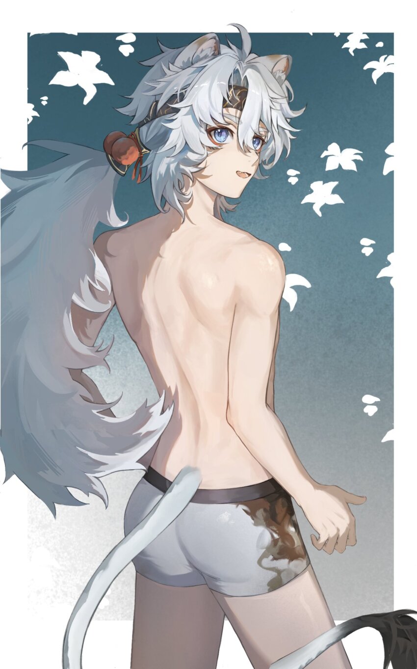 1boy animal_ears ass black_headband boxers chinese_commentary commentary_request fang from_behind headband highres kristinacl15115 lingyang_(wuthering_waves) lion_boy lion_ears lion_tail male_focus male_underwear open_mouth ponytail smile tail underwear white_male_underwear wuthering_waves