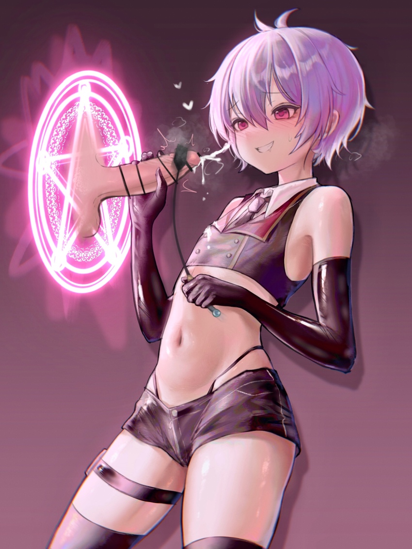 1boy ahoge azulasi bar_censor bdsm black_gloves black_necktie black_panties black_shorts black_thighhighs black_vest blush cbt censored collared_shirt commentary commentary_request commission crop_top cropped_vest cum disembodied_penis double-parted_bangs ejaculation elbow_gloves english_commentary gloves hair_between_eyes hand_up heart highleg highleg_panties highres magic magic_circle male_focus mixed-language_commentary navel necktie open_mouth original osugaki panties penis pink_background pink_eyes pink_hair pixiv_commission riding_crop shirt short_hair short_shorts shorts sleeveless sleeveless_shirt stomach sweat teeth thighhighs trap underwear vest white_shirt