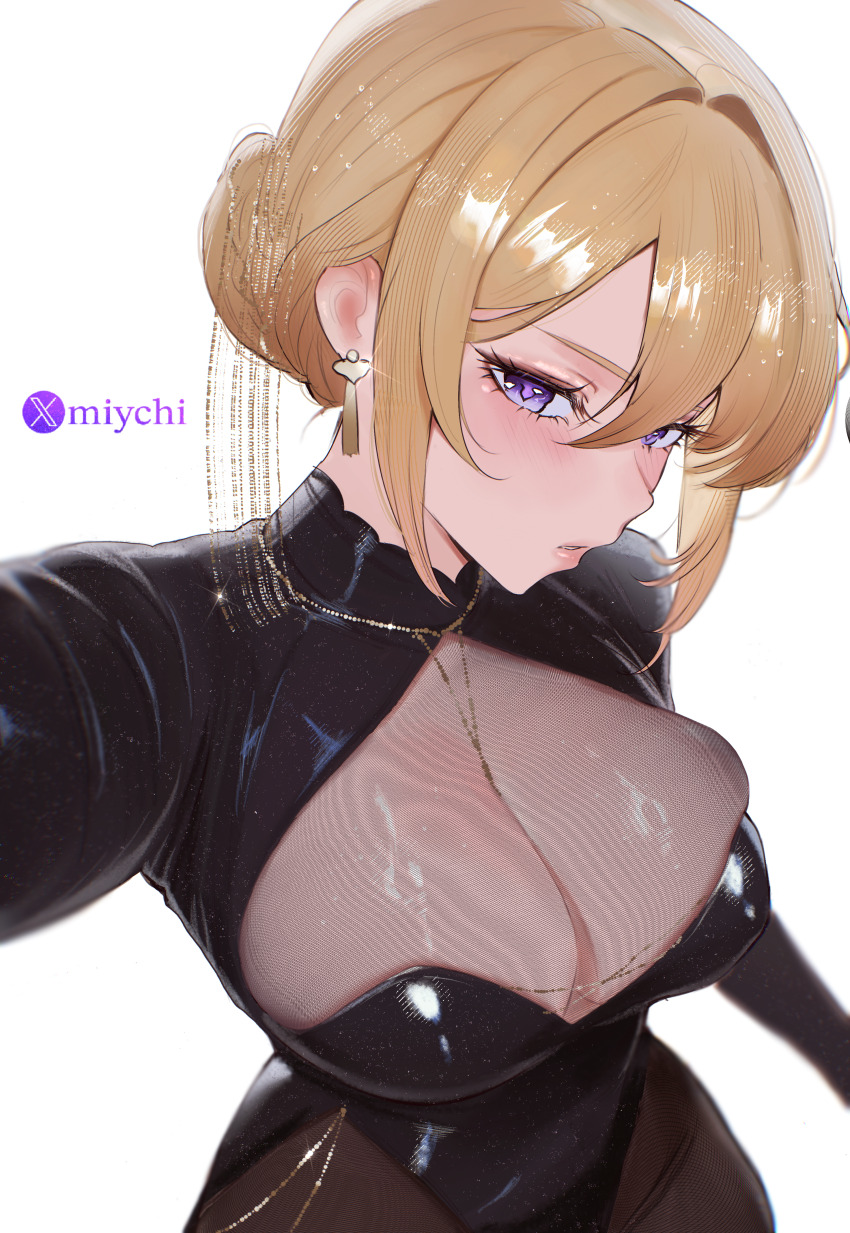 1girl absurdres blonde_hair blush breast_cutout breasts cleavage commentary earrings english_commentary evelyn_chevalier hair_between_eyes hair_bun highres jewelry large_breasts long_sleeves looking_at_viewer miychi outstretched_arm purple_eyes see-through_cleavage see-through_clothes simple_background solo standing upper_body white_background zenless_zone_zero