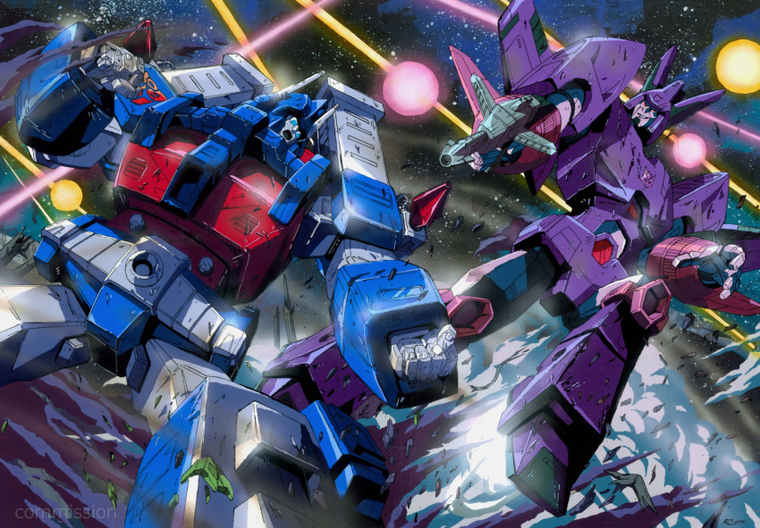 2boys autobot blue_eyes clenched_hands commission decepticon explosion galvatron gun holding holding_gun holding_weapon insignia laser marble-v mecha multiple_boys open_hand red_eyes robot science_fiction smirk smoke transformers ultra_magnus watermark weapon
