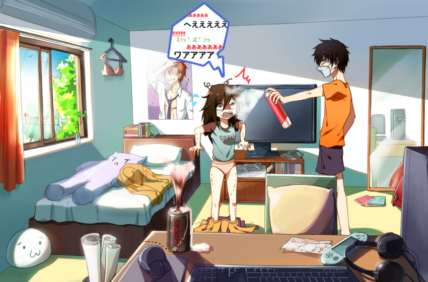 10s 1boy 1girl ant bags_under_eyes bed black_hair book bra brother_and_sister bug can clothes_pull computer crazy_eyes full_body hair_over_one_eye handheld_game_console headphones insect kuroki_tomoki kuroki_tomoko long_hair mask mirror computer_mouse mouth_mask panties playstation_portable siblings skirt skirt_pull spray_can surgical_mask television underwear watashi_ga_motenai_no_wa_dou_kangaetemo_omaera_ga_warui! window yusei_(yuuseisei)
