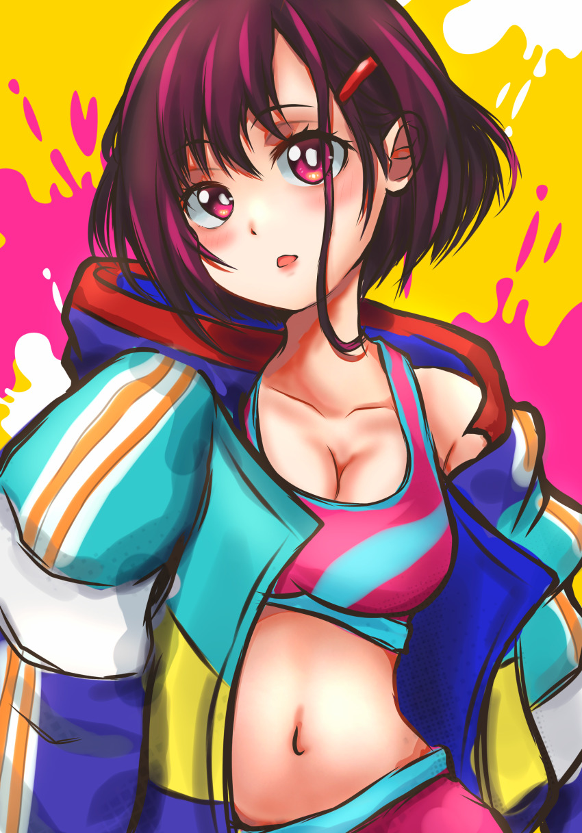 1girl absurdres blush breasts bright_pupils cleavage commentary crop_top english_commentary hair_ornament hairclip highres jacket large_breasts looking_at_viewer midriff mikazuki_shizuka navel open_clothes open_jacket open_mouth pink_shorts pink_sports_bra purple_hair r1suvo red_eyes shorts solo sports_bra stomach white_pupils zom_100:_zombie_ni_naru_made_ni_shitai_100_no_koto