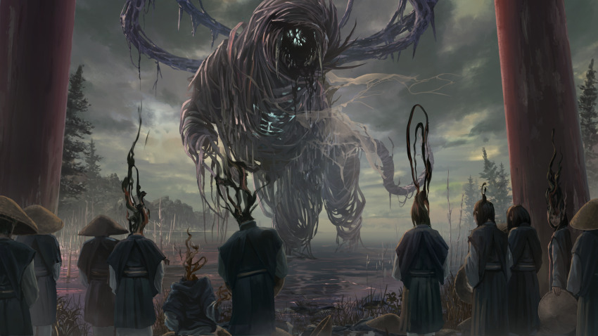 body_hair crowd eldritch_abomination hat highres monster original outdoors praying rice_hat susuwatari syourinusk torii transformation tree
