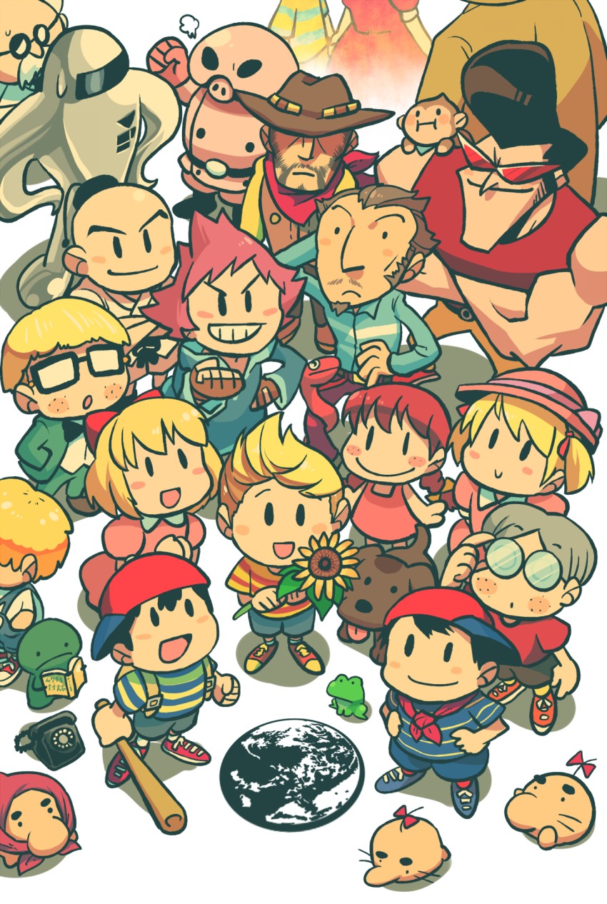 absolutely_everyone ana_(mother) arm_behind_head backpack bag bald baseball_bat beard black_hair blonde_hair boney book bow bowtie braid brown_hair character_request claus_(mother_3) clenched_hands coat crossed_arms doseisan dougi dr._andonuts dress duster_(mother) earth_(planet) everyone facial_hair fingerless_gloves flint_(mother_3) flower formal_clothes freckles frown fume glasses gloves goatee grey_hair grin hair_bow hand_in_pocket hand_on_own_hip hat highres hinawa holding holding_baseball_bat hood hood_down jeff_andonuts kumatora lloyd_(mother) lucas_(mother_3) mother_(series) mother_1 mother_2 mother_3 muscular mustache ness_(mother_2) ninten nintendo old old_man open_mouth paula_(mother_2) phone pigmask pink_dress planet pompadour poo_(mother_2) porky_minch rariatto_(ganguri) red_dress robe rope_snake salsa_(mother) shirt short_hair sideways_hat smile starman_(mother) striped_clothes striped_shirt suit sunflower sunglasses sweatdrop teddy_(mother) traditional_bowtie twin_braids twintails