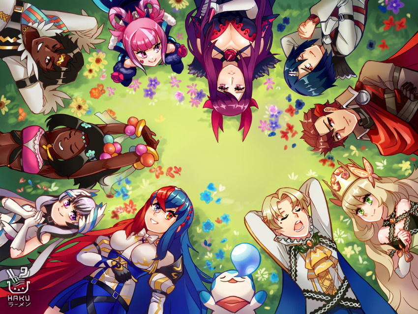 4boys 6+girls alcryst_(fire_emblem) female_alear_(fire_emblem) alfred_(fire_emblem) bare_shoulders black_choker black_hair blonde_hair blue_eyes blue_hair braid breasts brown_eyes butterfly_hair_ornament celine_(fire_emblem) choker cleavage commentary_request crossed_bangs crown crown_braid dark-skinned_female dark-skinned_male dark_skin detached_sleeves diamant_(fire_emblem) dress elbow_gloves feather_hair_ornament feathers fire_emblem fire_emblem_engage flower fogado_(fire_emblem) gloves green_eyes grey_hair hair_ornament hakuramen heterochromia highres hortensia_(fire_emblem) ivy_(fire_emblem) large_breasts long_hair looking_at_viewer medium_breasts multicolored_hair multiple_boys multiple_girls nintendo open_mouth parody petite ponytail princess purple_eyes purple_hair red_eyes red_hair short_hair siblings sisters small_breasts smile sommie_(fire_emblem) split-color_hair tiara timerra_(fire_emblem) tokyo_mirage_sessions_fe two-tone_hair upper_body very_dark_skin very_long_hair veyle_(fire_emblem) wavy_hair white_gloves