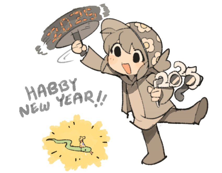 1girl :d blush chinese_zodiac commentary english_commentary english_text floral_print full_body grey_footwear grey_hair grey_hat grey_jacket grey_pants grey_shirt happy_new_year hat highres holding holding_removed_eyewear jacket new_year open_clothes open_jacket open_mouth original pants party_hat shirt shoes simple_background smile snake standing standing_on_one_leg sunglasses temmie_chang temmie_chang_(character) unworn_eyewear white-framed_eyewear white_background year_of_the_snake