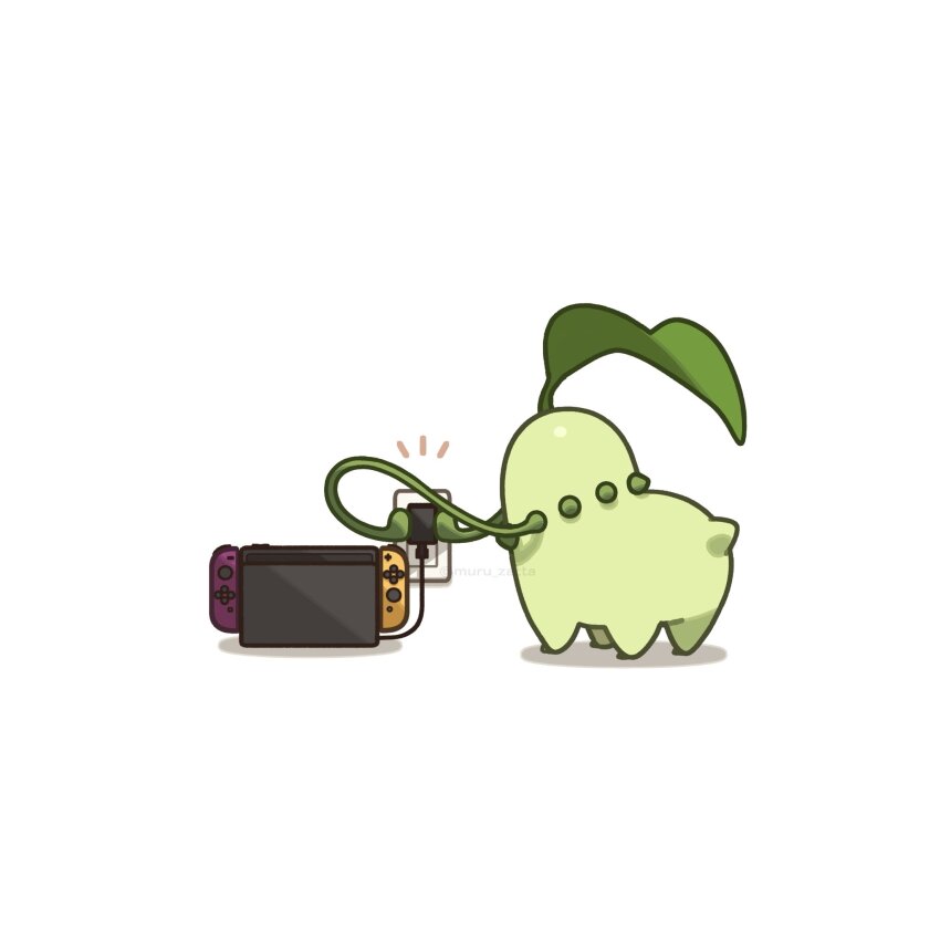 all_fours charging_device chikorita colored_skin commentary_request electrical_outlet from_behind full_body game_console gen_2_pokemon green_skin handheld_game_console highres leaf leaf_on_head muru_zatta nintendo nintendo_switch no_humans notice_lines plant pokemon pokemon_(creature) pokemon_focus solo vine_whip vines white_background