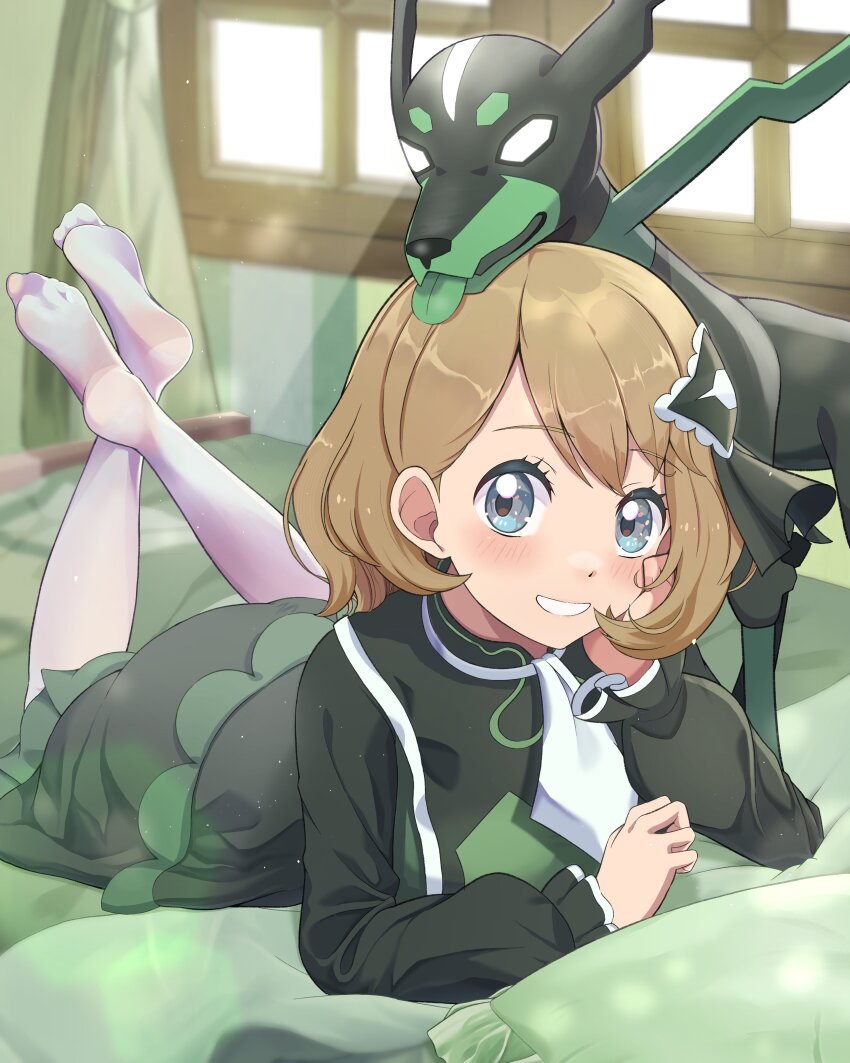 1girl absurdres ascot commentary_request crossed_ankles dosya_252 feet feet_up gen_6_pokemon grey_eyes head_rest highres legendary_pokemon light_brown_hair looking_at_viewer lying nintendo no_shoes on_stomach pillow pokemon pokemon_(creature) pokemon_masters_ex serena_(pokemon) serena_(sygna_suit)_(pokemon) short_hair socks soles the_pose toes tongue tongue_out white_ascot white_socks window zygarde zygarde_(10%)