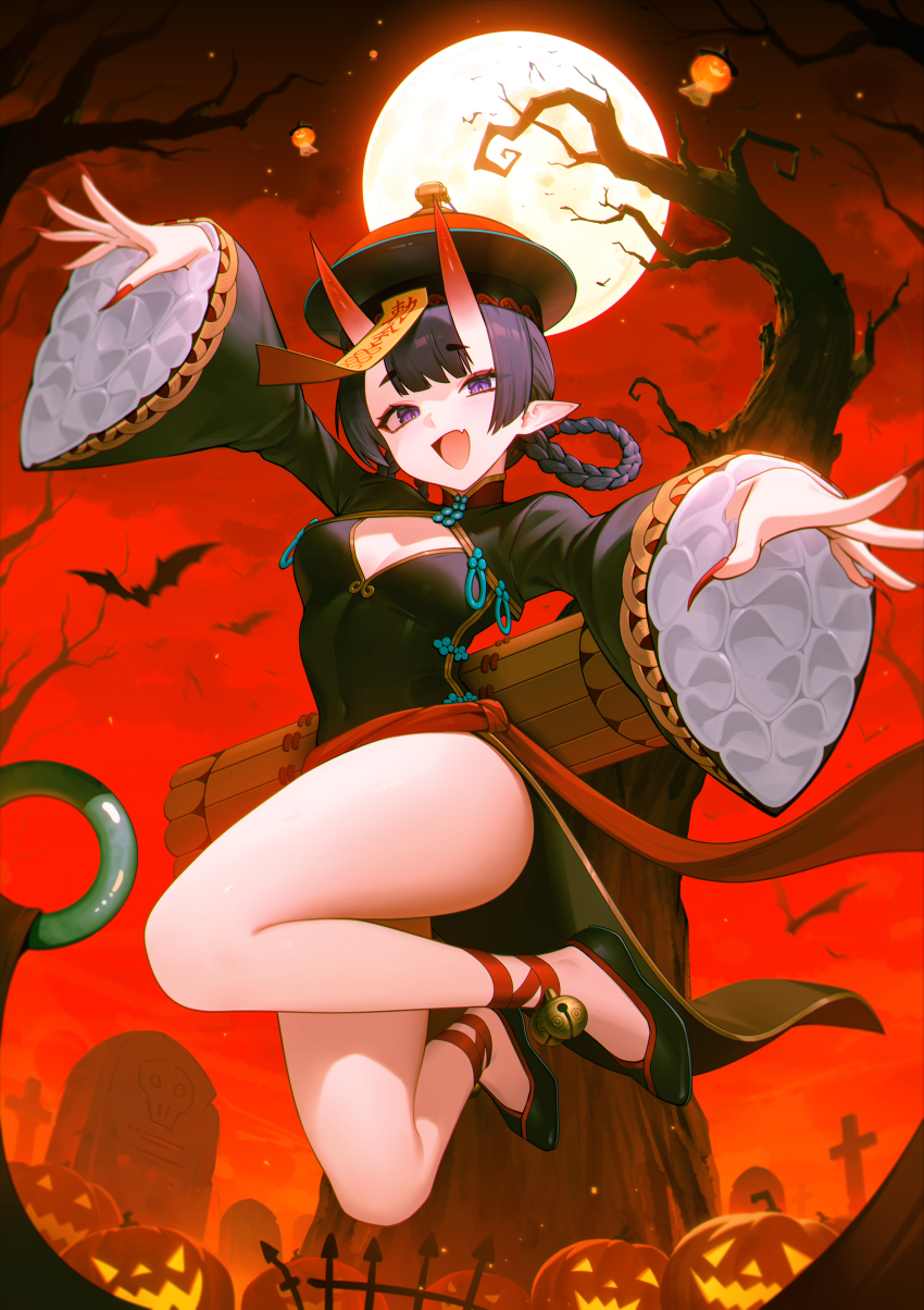 1girl 95_(jiuwujiang) absurdres bare_tree bat_(animal) bell black_dress black_footwear black_hat braid braided_hair_rings breasts china_dress chinese_clothes cleavage_cutout clothing_cutout covered_navel dress fang fate/grand_order fate_(series) fingernails full_body full_moon hair_rings halloween hat highres horns jack-o&#039;-lantern jiangshi_costume jingle_bell long_fingernails long_hair long_sleeves looking_at_viewer medium_breasts moon nail_polish night night_sky official_alternate_costume ofuda oni open_mouth outdoors pointy_ears purple_eyes purple_hair qingdai_guanmao red_horns red_nails sharp_fingernails shuten_douji_(fate) shuten_douji_(festival_outfit)_(fate) shuten_douji_(onmyoji) skin_fang sky small_breasts smile solo thighs tombstone tree wide_sleeves