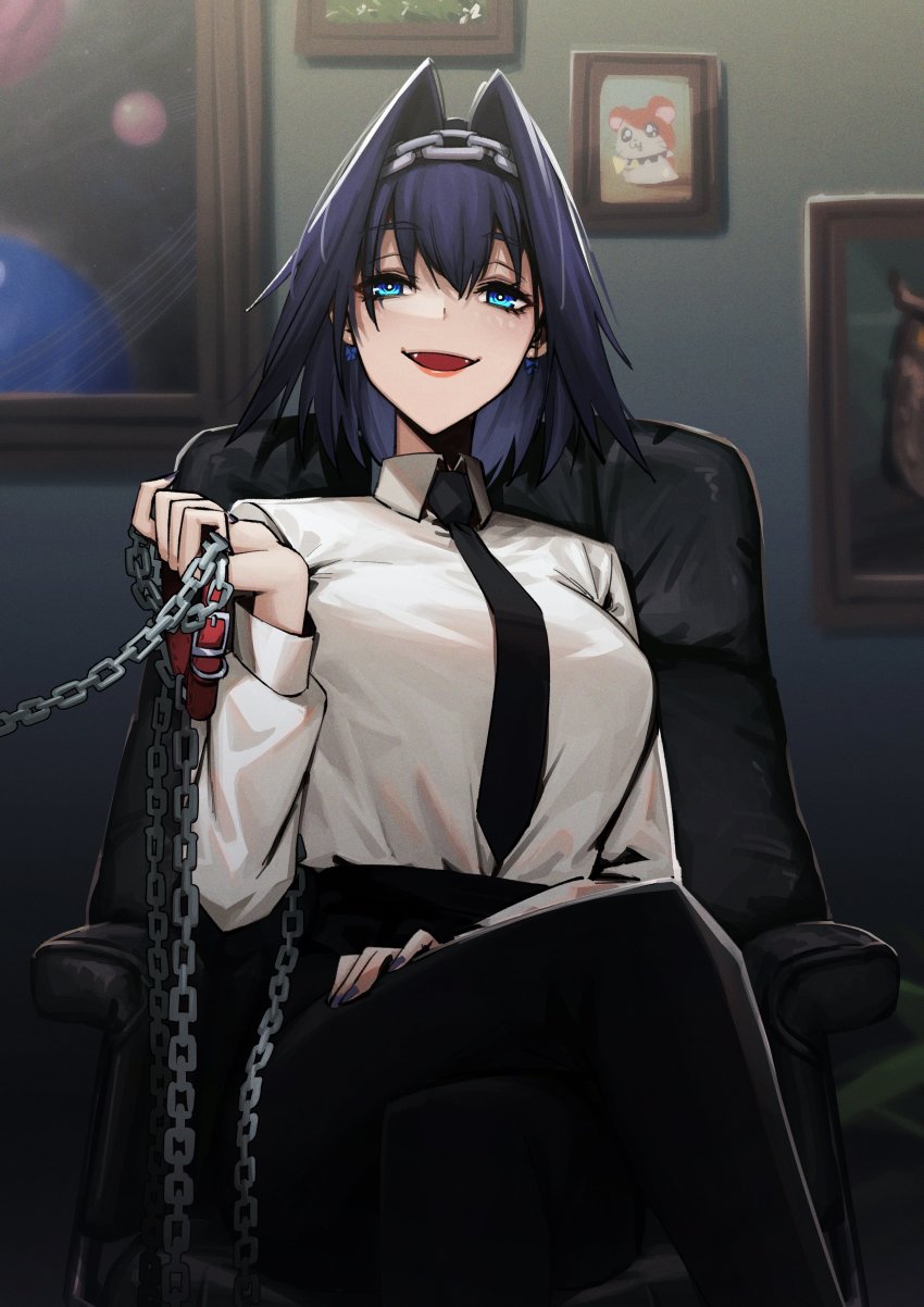 1girl :d absurdres adarin black_hair blue_eyes blue_nails breasts chain chain_leash chair collar crossed_legs earrings fangs formal_clothes hairband hamtaro hamtaro_(series) highres hololive hololive_english jewelry leash looking_at_viewer medium_hair nail_polish necktie open_mouth ouro_kronii plant potted_plant sitting smile solo suit virtual_youtuber