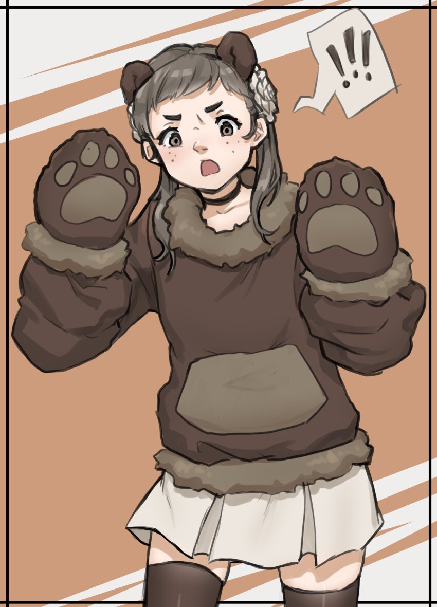 1girl absurdres animal_ears bear_ears bear_girl bear_paws black_choker choker fire_emblem fire_emblem_fates flower freckles fur_trim hair_flower hair_ornament highres mozu_(fire_emblem) nerdyjcherry nintendo skirt solo white_skirt