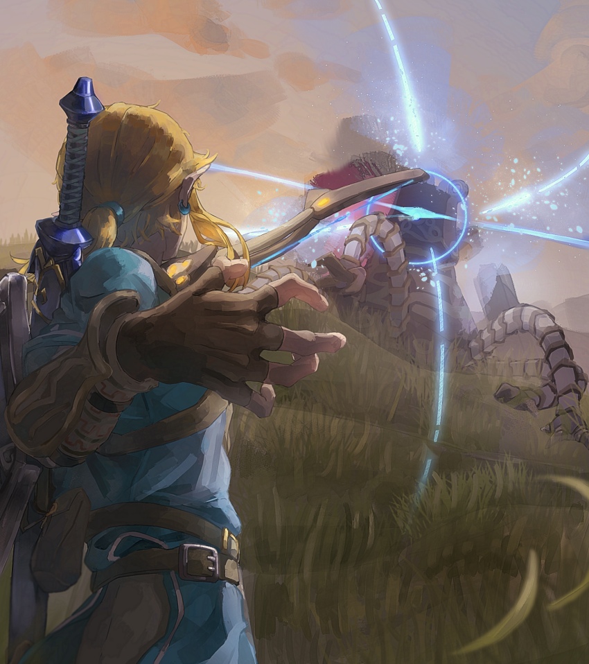 1boy battle blue_tunic bow_(weapon) earrings fingerless_gloves firing gloves guardian_(zelda) highres jewelry light_brown_hair link mazel nintendo pointy_ears ponytail short_ponytail sky sword sword_on_back the_legend_of_zelda the_legend_of_zelda:_breath_of_the_wild tunic weapon weapon_on_back