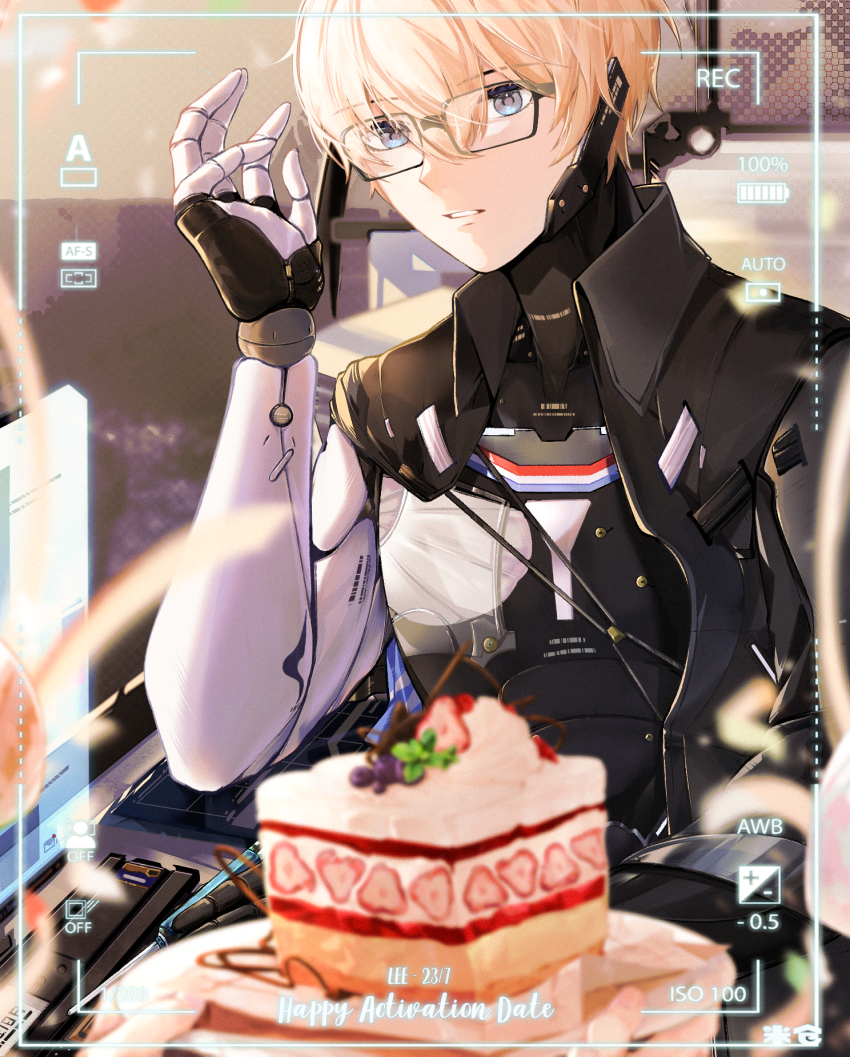 1boy cake camera dochikun food glasses highres image_sample lee:_hyperreal_(pgr) lee_(pgr) pixiv_sample punishing:_gray_raven solo solo_focus viewfinder