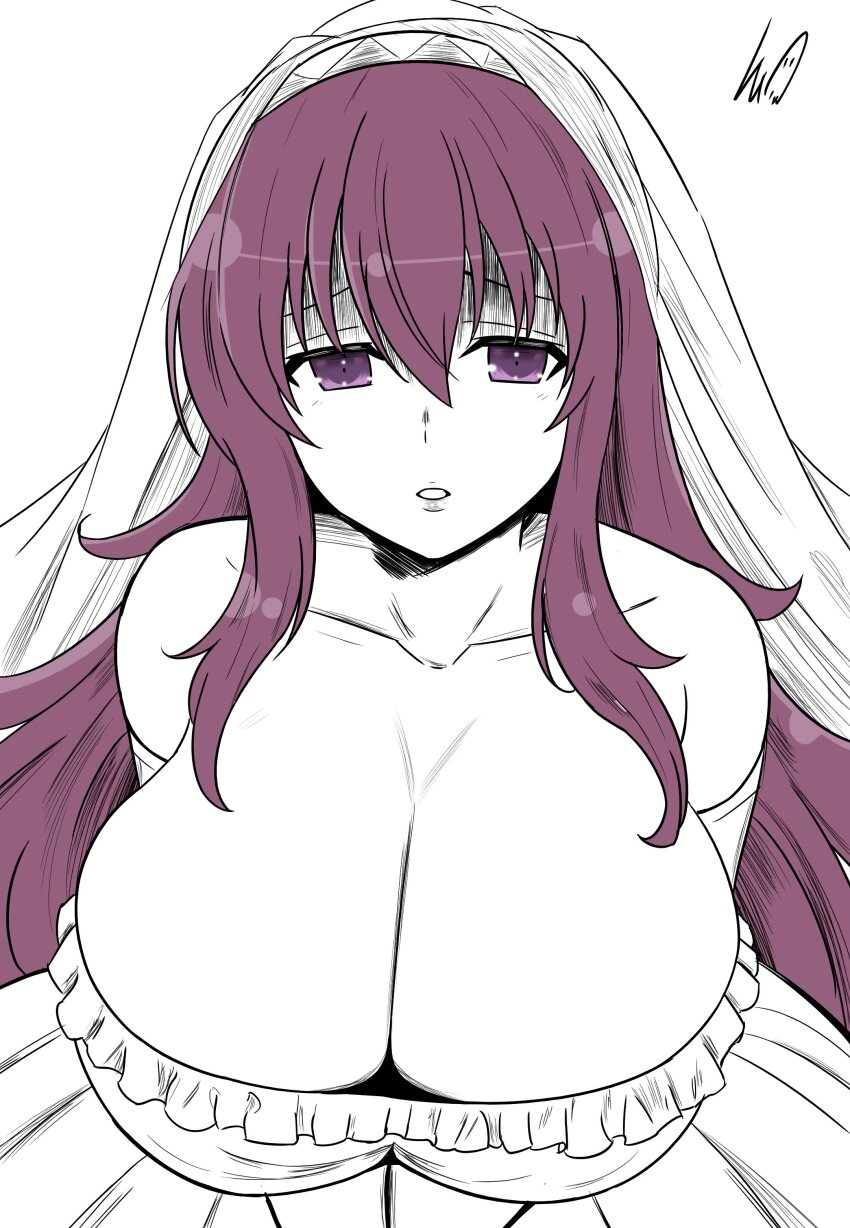 1girl absurdres breasts cleavage collarbone commentary english_commentary hair_between_eyes hair_ribbon highres huge_breasts large_breasts limited_palette long_hair looking_at_viewer lughost murasaki_(senran_kagura) partially_colored prehensile_hair purple_eyes purple_hair ribbon senran_kagura senran_kagura_shinovi_versus solo spot_color very_long_hair white_background