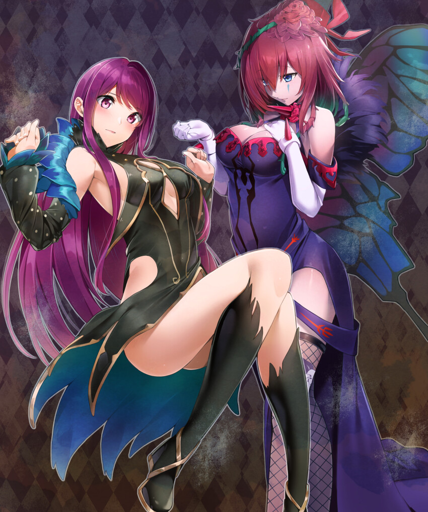2girls absurdres bare_shoulders black_dress black_footwear blue_eyes boots breasts butterfly_wings cleavage commentary_request cosplay costume_switch detached_sleeves dress elbow_gloves facial_mark feet_out_of_frame fire_emblem fire_emblem_engage fire_emblem_heroes fishnet_thighhighs fishnets gloves hands_up head_tilt highres insect_wings ivy_(fire_emblem) ivy_(fire_emblem)_(cosplay) large_breasts long_hair long_sleeves looking_at_viewer multiple_girls nakano_maru nintendo off-shoulder_dress off_shoulder purple_dress purple_eyes purple_hair sleeveless sleeveless_dress standing thighhighs triandra_(fire_emblem) triandra_(fire_emblem)_(cosplay) very_long_hair white_gloves wings
