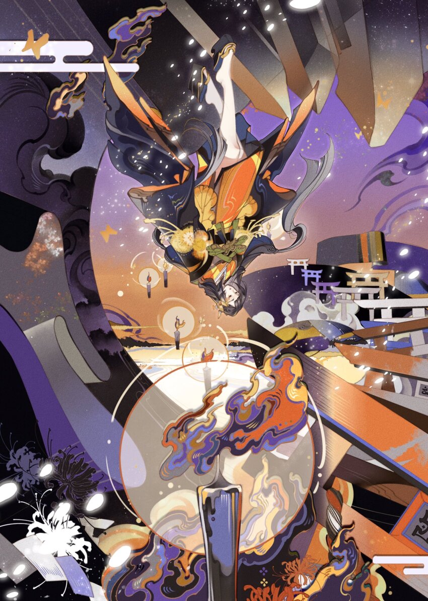 1girl black_footwear black_hair black_sleeves blunt_bangs blunt_ends bug butterfly candle character_request check_character closed_eyes closed_mouth fire flower food fruit full_body geta gradient_sky higanbana_(onmyoji) highres insect japanese_clothes kimono lipstick long_hair long_sleeves makeup multiple_torii onmyoji:_the_card_game orange_(fruit) orange_kimono orange_ribbon orange_sky orange_slice purple_sky red_lips ribbon short_kimono sky sleeve_ribbon sleeves_past_fingers sleeves_past_wrists smoke solo spider_lily sunset thighhighs torii two-sided_sleeves upside-down very_long_hair white_flower white_spider_lily white_thighhighs wide_sleeves yaomojun
