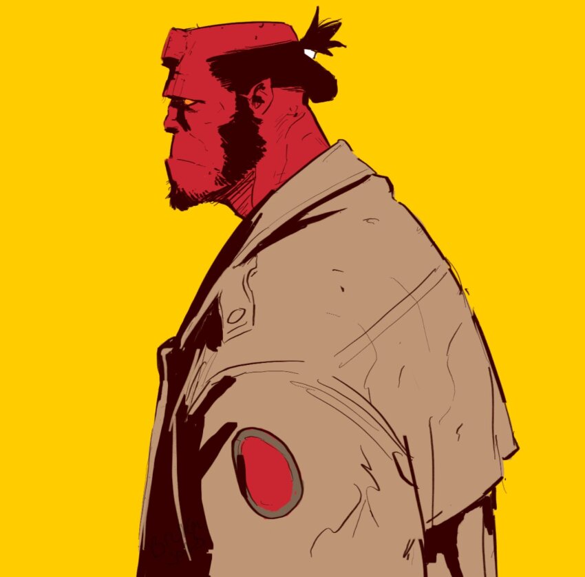 1boy balding beard black_hair broken_horns brown_coat bruka_jones closed_mouth coat colored_skin demon_boy facial_hair from_side hellboy hellboy_(comic) highres horns male_focus mature_male no_pupils orange_eyes pointy_ears ponytail profile red_skin short_ponytail solo