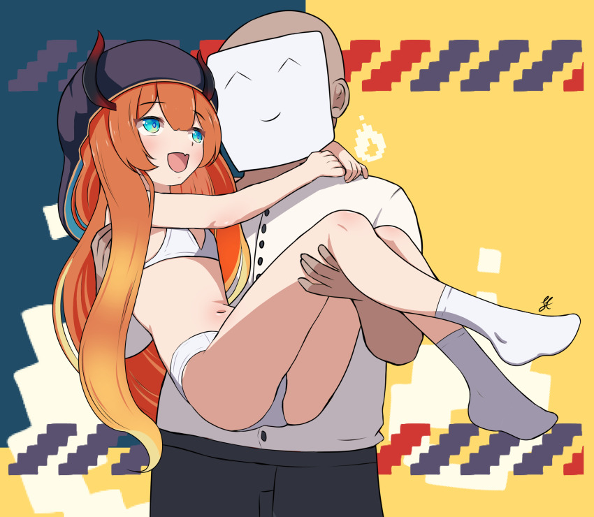 1boy 1girl absurdres bald belly bra carrying commission faceless faceless_male highres hood hoodie long_hair looking_at_another miki_hitsugi multicolored_hair navel open_mouth orange_hair panties simple_background smile socks specialite_en underwear virtual_youtuber white_bra white_panties white_socks zhychrome14