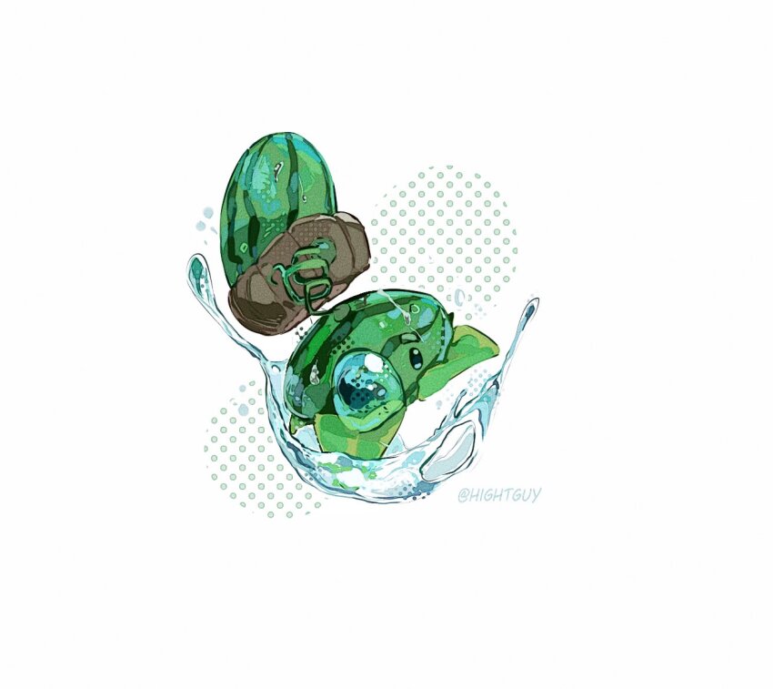 artist_name bubble commentary food fruit halftone hashtag-only_commentary hightguy leaf melon-pult_(plants_vs._zombies) no_humans plants_vs._zombies simple_background solo water watermelon white_background