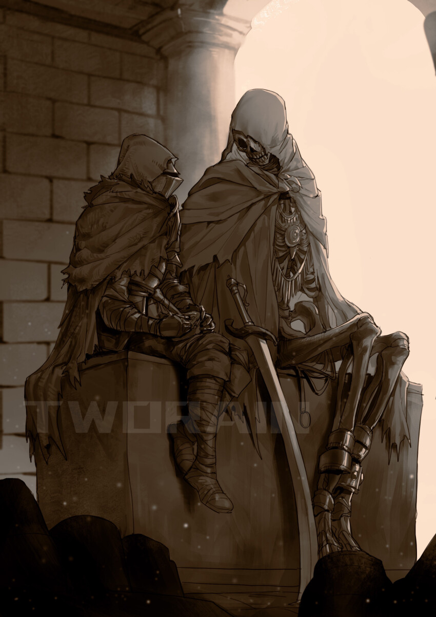 absurdres armor artist_name bandaged_arm bandaged_leg bandages brick_wall cape character_request dark_souls_(series) dark_souls_iii feet_out_of_frame full_body highres hood hood_up hooded_cape light_particles looking_at_another monochrome sitting skeleton skull sword tworain_w watermark weapon