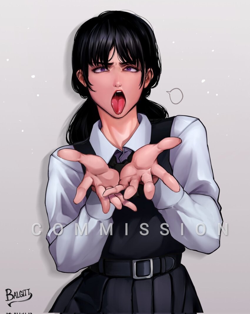 1girl artist_name black_hair blush breasts chainsaw_man collared_shirt commission dress fellatio_gesture fourth_east_high_school_uniform hair_between_eyes highres long_hair looking_at_viewer low_twintails mitaka_asa neck_ribbon open_mouth oral_invitation paid_reward_available pinafore_dress ribbon school_uniform sexually_suggestive shirt signature simple_background sleeveless sleeveless_dress teeth tongue tongue_out twintails victorbalgitt watermark white_shirt
