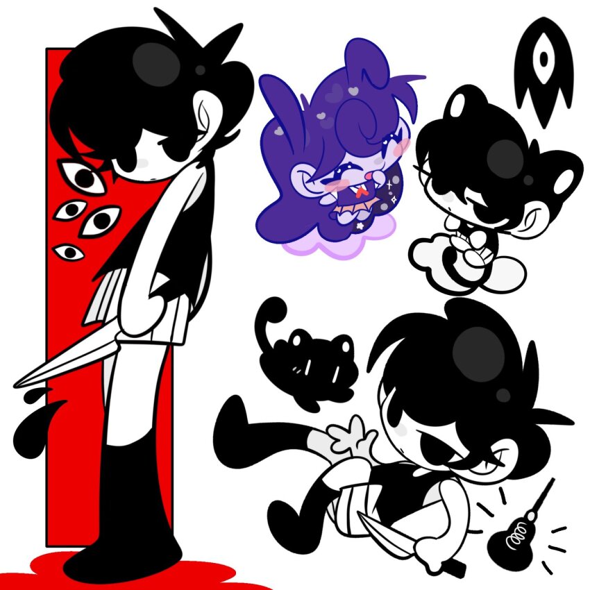 1boy 1girl animal_ears antenna_hair black_eyes black_hair black_socks black_tank_top cat cat_boy cat_ears cat_tail chibi closed_eyes closed_mouth collared_shirt colored_skin expressionless highres holding holding_knife jjamdal kemonomimi_mode knife looking_at_viewer mari_(headspace)_(omori) mari_(omori) mewo neckerchief omori omori_(omori) pleated_skirt purple_hair purple_sweater_vest red_neckerchief shirt short_hair short_sleeves shorts skirt socks something_(omori) striped_clothes striped_shorts sweater_vest tail tank_top vertical-striped_clothes vertical-striped_shorts white_shirt white_shorts white_skin