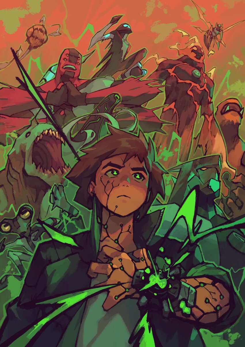 1boy ben_10 ben_tennyson brown_hair cannonbolt diamondhead four_arms_(ben_10) green_eyes grey_matter_(ben_10) heatblast highres male_focus non-web_source omnitrix ripjaws shirt short_hair short_sleeves silhouette solo stinkfly upgrade_(ben_10) veins veiny_arms wildmutt xlr8