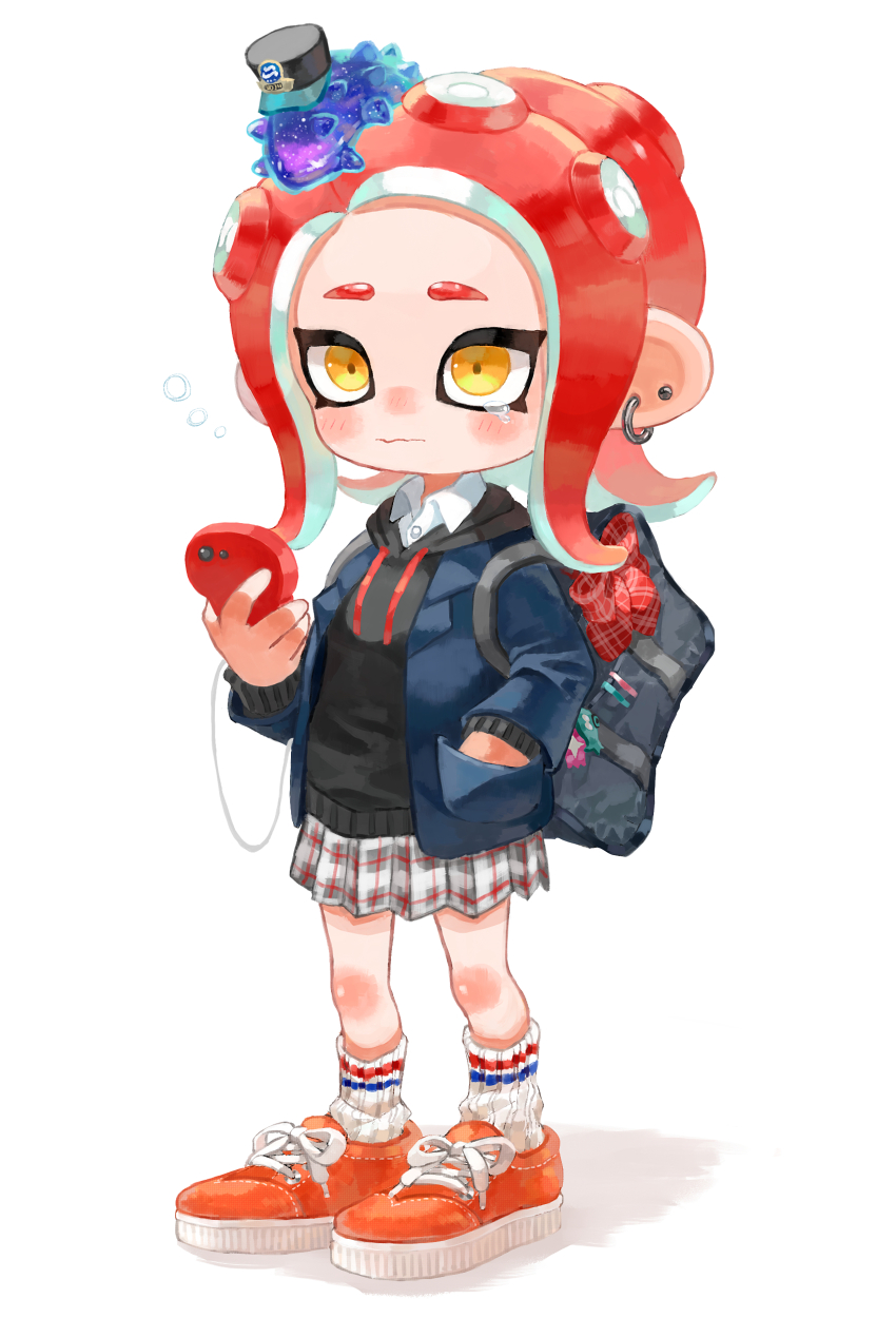 1girl absurdres animal animal_on_head bag bag_charm blue_bag blue_jacket c.q._cumber_(splatoon) charm_(object) closed_mouth collared_shirt commentary_request drawstring dress_shirt earrings full_body grey_hoodie grey_skirt hand_in_pocket highres holding holding_phone hood hood_down hoodie jacket jewelry long_sleeves medium_hair myon_rio nintendo octoling octoling_girl octoling_player_character on_head open_clothes open_jacket orange_shoes parted_bangs phone plaid_clothes plaid_skirt pleated_skirt red_hair red_skirt school_bag sea_cucumber shirt shoes skirt sleepy sneakers socks solo splatoon_(series) splatoon_2 splatoon_2:_octo_expansion squeans standing tearing_up tentacle_hair white_shirt white_socks yellow_eyes