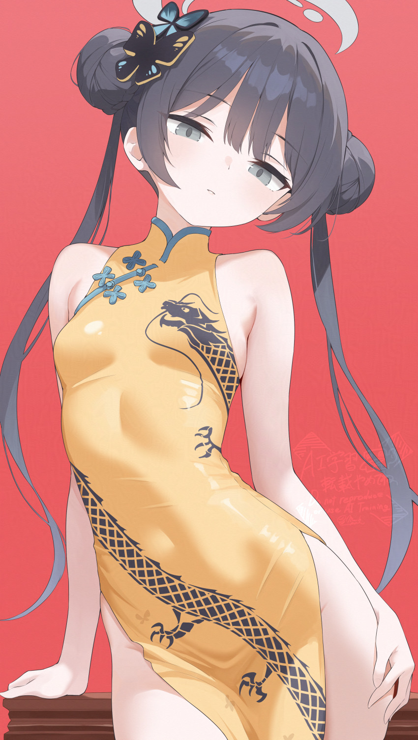 1girl absurdres arm_support bare_shoulders black_hair blue_archive braid braided_bun breasts butterfly_hair_ornament china_dress chinese_clothes double_bun dragon_print dress grey_eyes grey_halo hair_bun hair_ornament halo highres kisaki_(blue_archive) long_hair looking_at_viewer mushpz parted_lips pelvic_curtain print_dress red_background simple_background sleeveless sleeveless_dress small_breasts solo table twintails yellow_dress