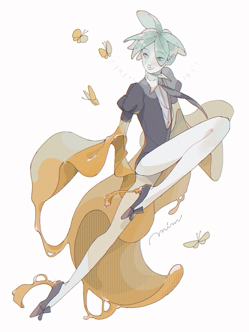 1other androgynous animal artist_name black_necktie black_shoes bug butterfly from_side full_body gem_uniform_(houseki_no_kuni) glint golden_arms green_eyes green_hair hair_over_one_eye highres houseki_no_kuni insect knee_up looking_at_animal looking_away looking_to_the_side minmim molten_metal necktie other_focus phosphophyllite puffy_short_sleeves puffy_sleeves running shoes short_hair short_sleeves simple_background smile solo spoilers translucent_hair white_background yellow_butterfly