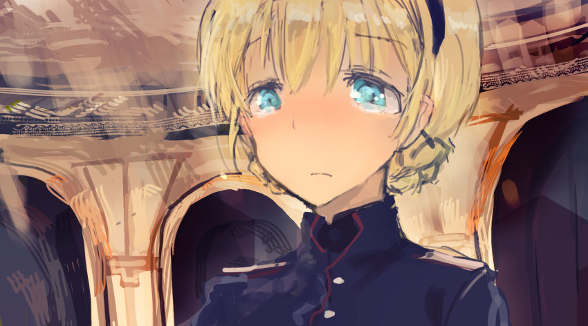1girl blonde_hair blue_eyes blurry braid depth_of_field female_focus frown hairband highres indoors kabuyama_kaigi noble_witches rosalie_de_hemricourt_de_grunne sad short_hair sketch solo tearing_up uniform upper_body world_witches_series