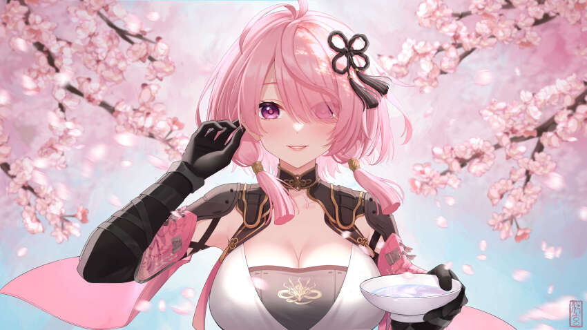 1girl absurdres armor black_collar black_gloves blush breasts brushing_hair cherry_blossoms cleavage collar collarbone commentary cup detached_sleeves eyes_visible_through_hair gloves hair_ornament hair_over_one_eye highres holding holding_cup large_breasts looking_at_viewer parted_lips pink_eyes pink_hair pink_pupils pink_sleeves qi_xuan sakazuki short_sleeves shoulder_armor smile solo straight-on taoqi_(wuthering_waves) upper_body wuthering_waves