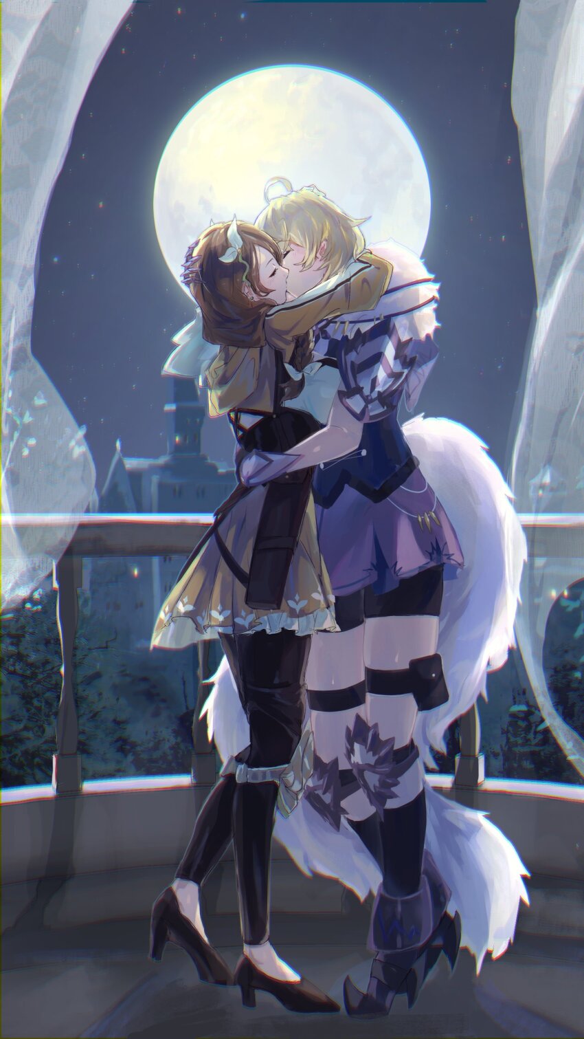 2girls absurdres ahoge bike_shorts black_boots black_pants black_shorts blonde_hair boots breasts brown_hair closed_eyes commentary commission dress english_commentary fire_emblem fire_emblem_engage flower full_moon goldmary_(fire_emblem) hair_flower hair_ornament high_heels highres hug kiss large_breasts long_hair merrin_(fire_emblem) moon multiple_girls night nintendo outdoors pants re_(pixiv_89203939) second-party_source shorts yellow_dress yuri
