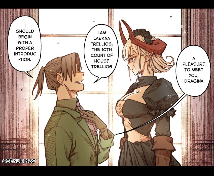 1boy 1girl artist_name ascot black_dress black_hairband breasts brown_gloves brown_hair cleavage closed_mouth commentary dragina_(senukin) dress english_commentary frilled_sleeves frills from_side gloves green_jacket grey_ascot hairband hand_on_own_chest hand_up highres horns jacket large_breasts letterboxed long_sleeves looking_at_another open_mouth original puffy_sleeves red_horns scar scar_across_eye scar_on_face senukin short_hair speech_bubble talking white_hair window